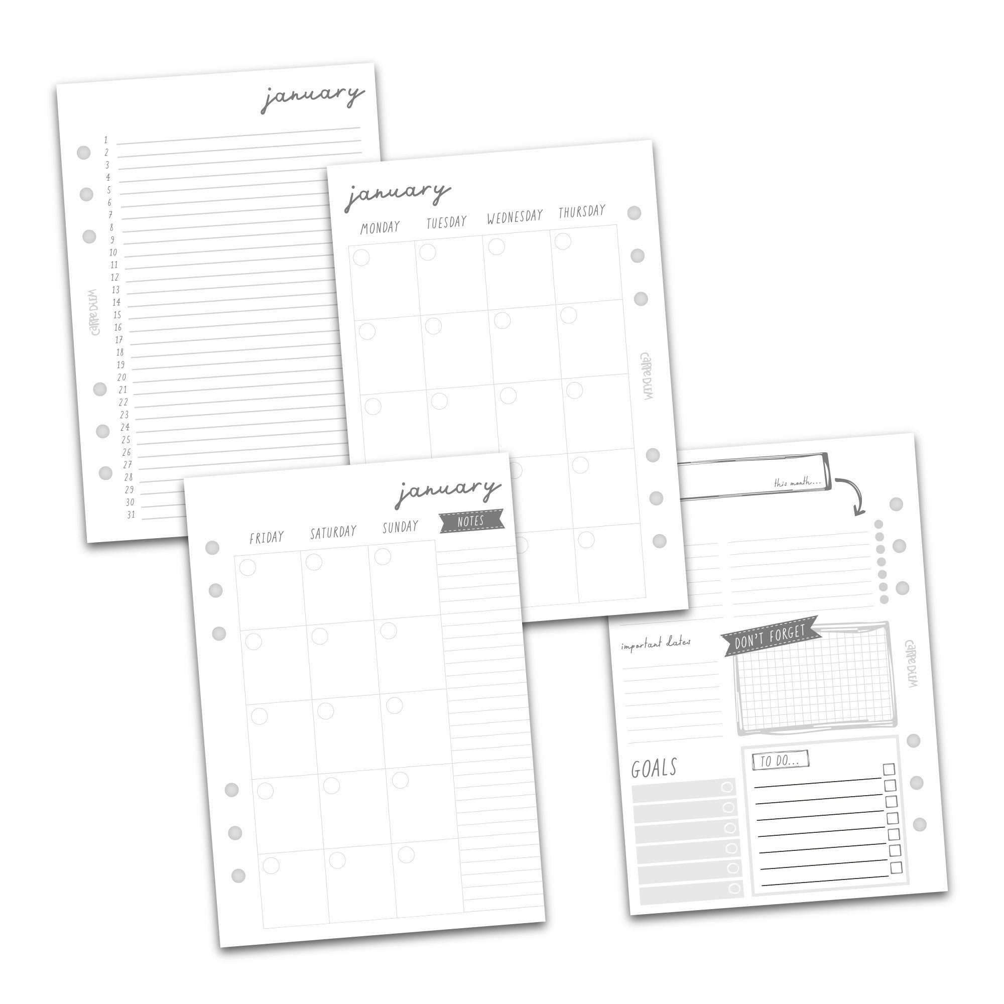Carpe Diem Seasonal A5 Monthly Planner Inserts 24 Pk or Basic Notes Inserts  18 Double-sided Sheets, Planner Dashboards, Dividers, Notes 