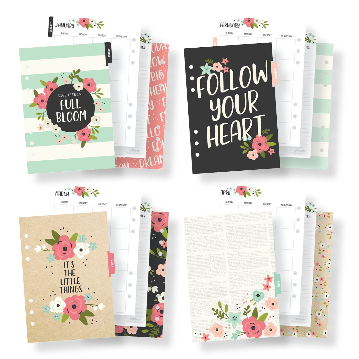 Carpe Diem Seasonal A5 Monthly Planner Inserts 24 Pk or Basic Notes Inserts  18 Double-sided Sheets, Planner Dashboards, Dividers, Notes 