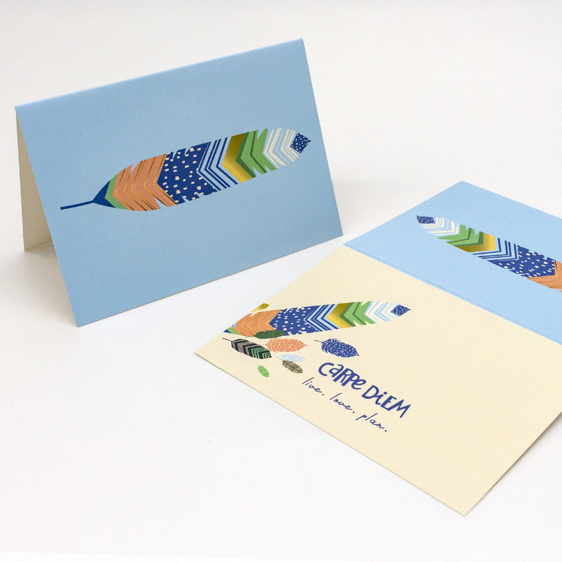Carpe Diem sky blue thank you card with feather on the front 