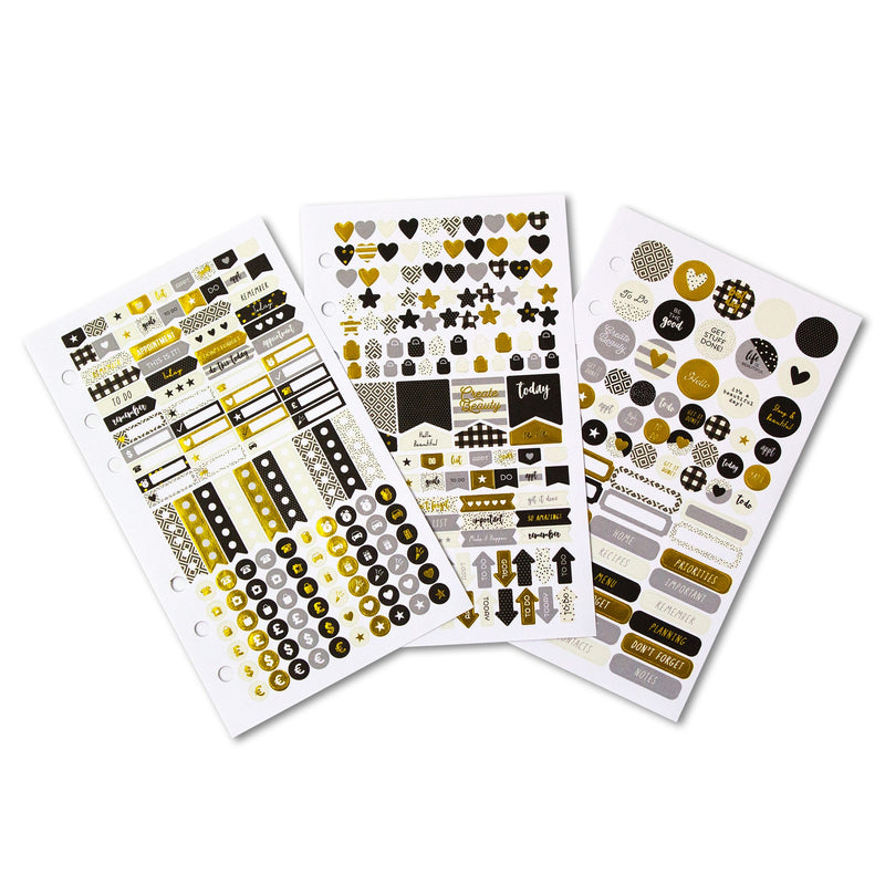 Sticker sheet included with Black faux leather planner box set